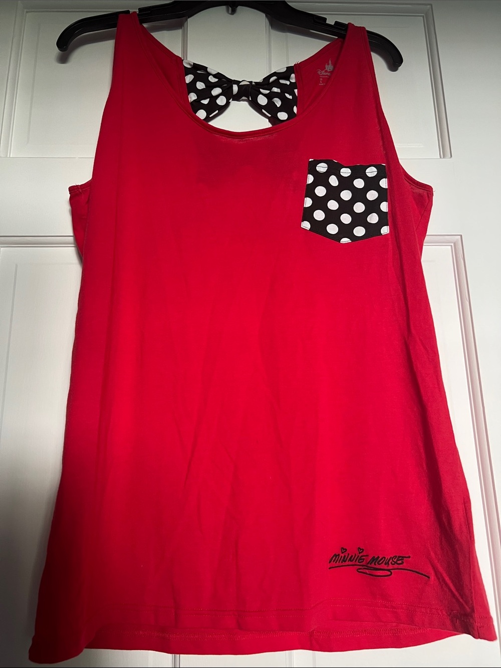 Disney Women’s Red Tank with Black-and-White Polka Dot Pocket and Bows on Back